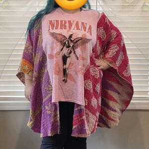 NIRVANA Pink Graphic Band Poncho Kantha Sleeves